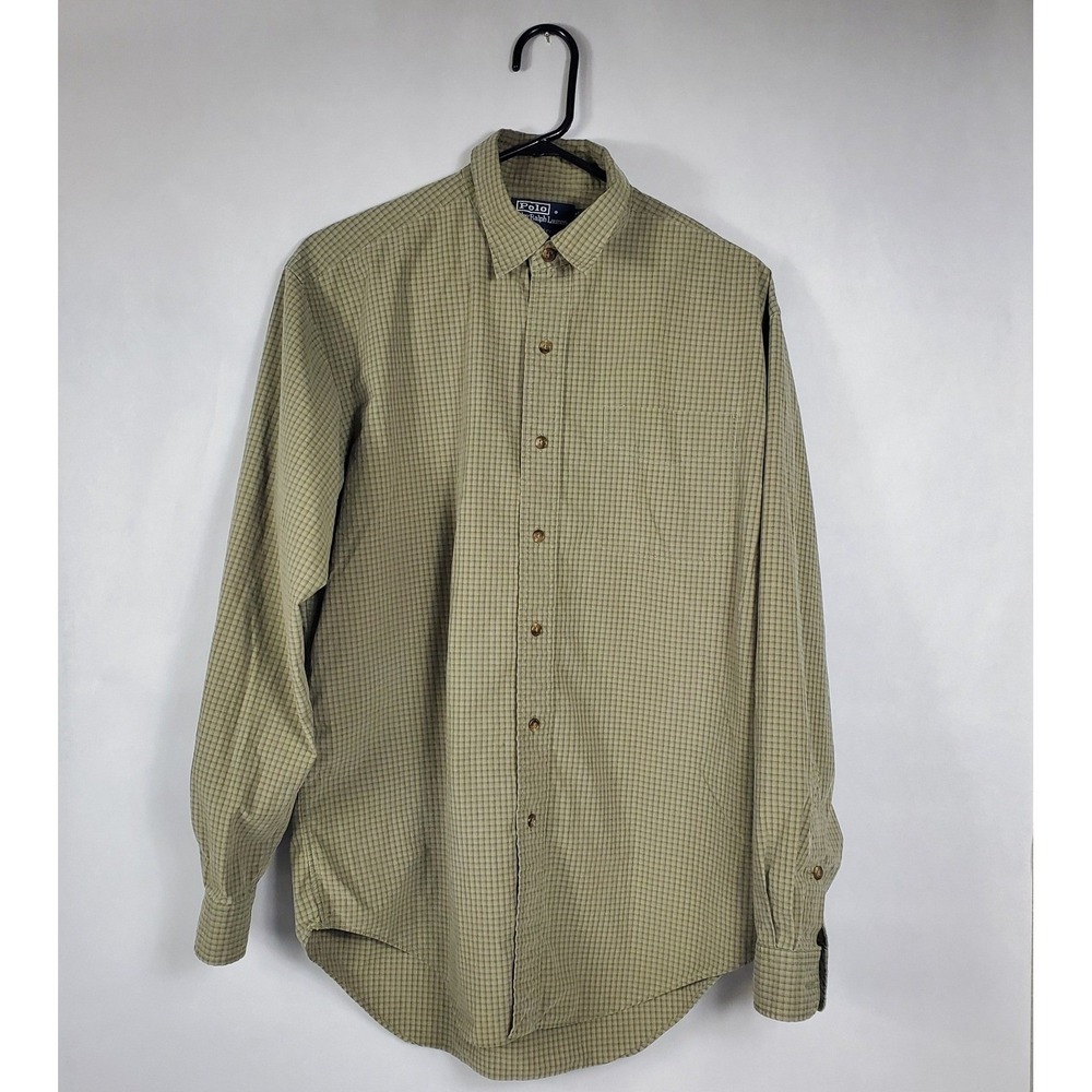 Polo Ralph Lauren Lindsey Mens Medium Green Blue Micro Check Cotton Button Shirt